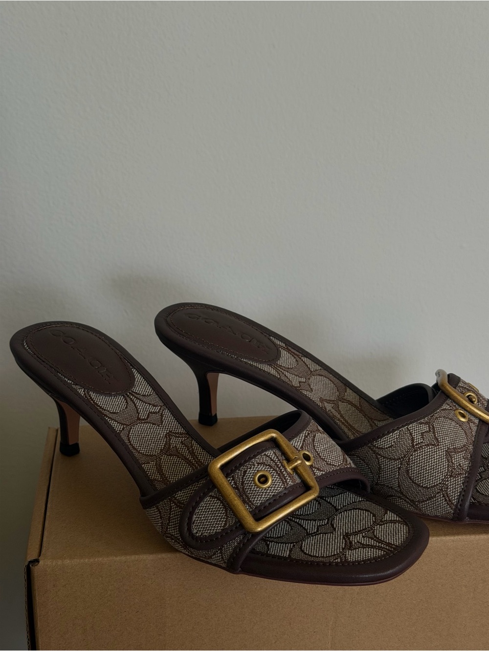 Coach Brown Logo-Print Slide Heels with Gold Buckle - Picture 2 of 2